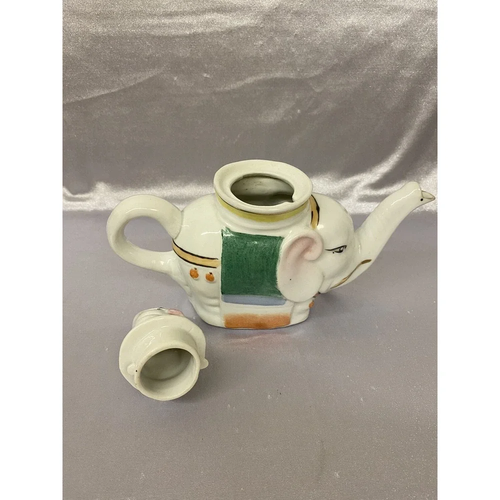 Elephant with Calf Hand Painted Figural Teapot - feng shui Good Luck Trunks Up